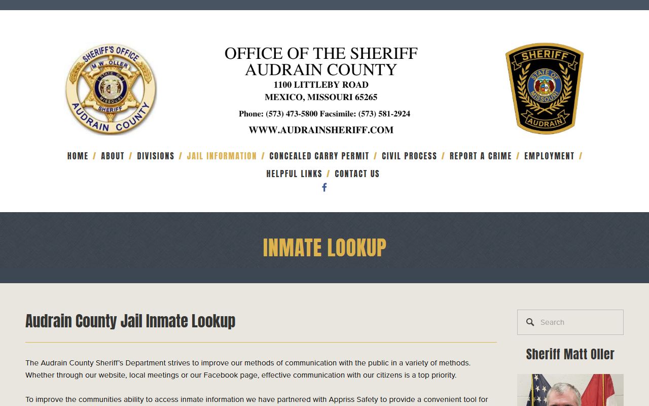Audrain County Sheriff's inmate lookup page directing users to MobilePatrol
