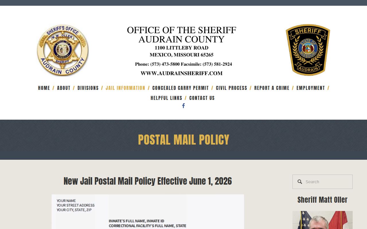 Audrain County Jail postal mail policy with Phoenix Maryland processing address