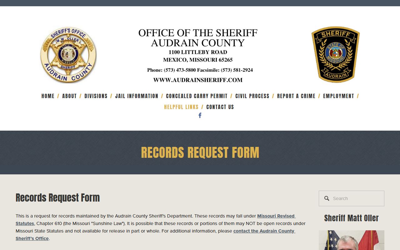 Audrain County Sheriff's records request form with Chapter 610 notice