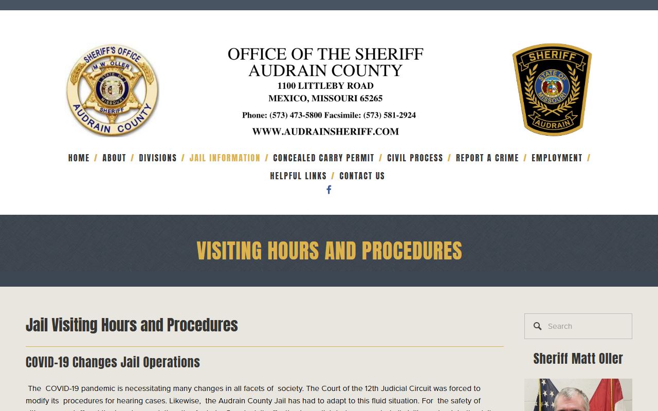 Audrain County Jail visiting hours schedule by pod and work release category