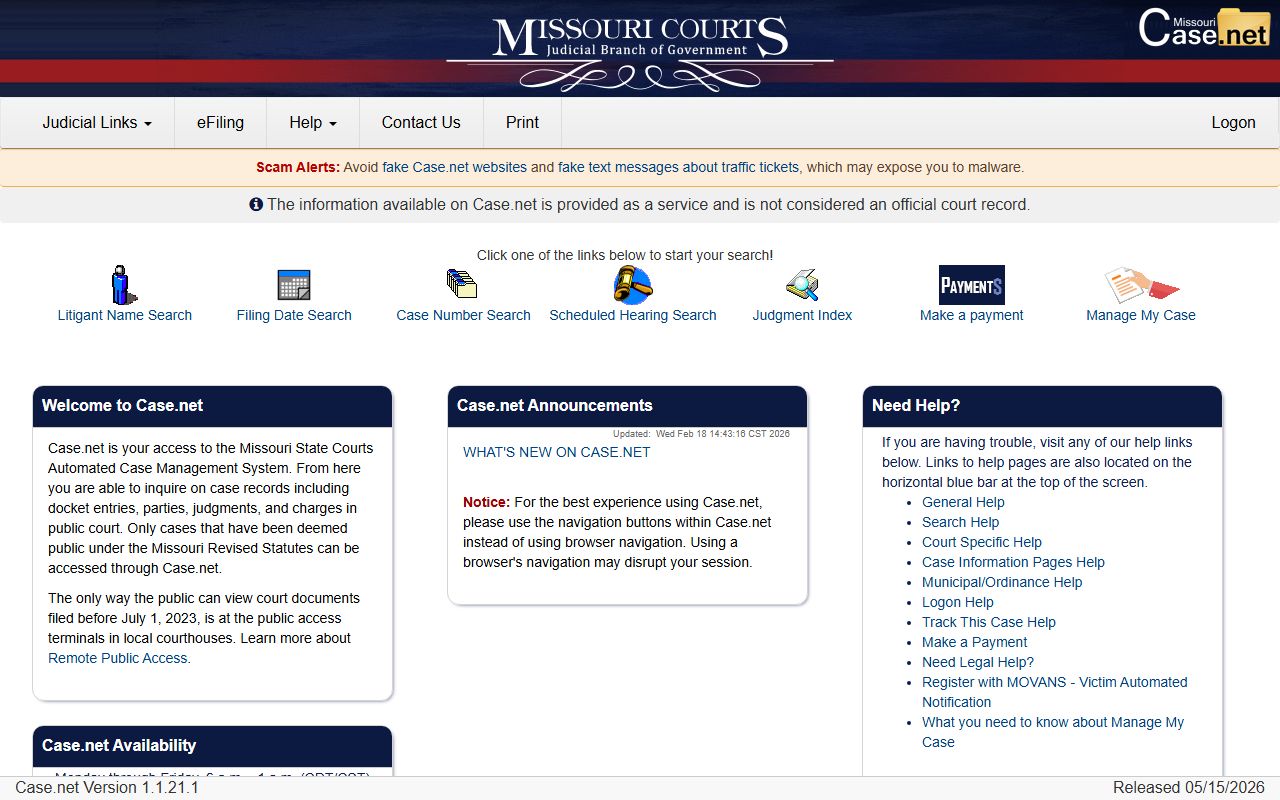 Missouri Case.net public case search landing page