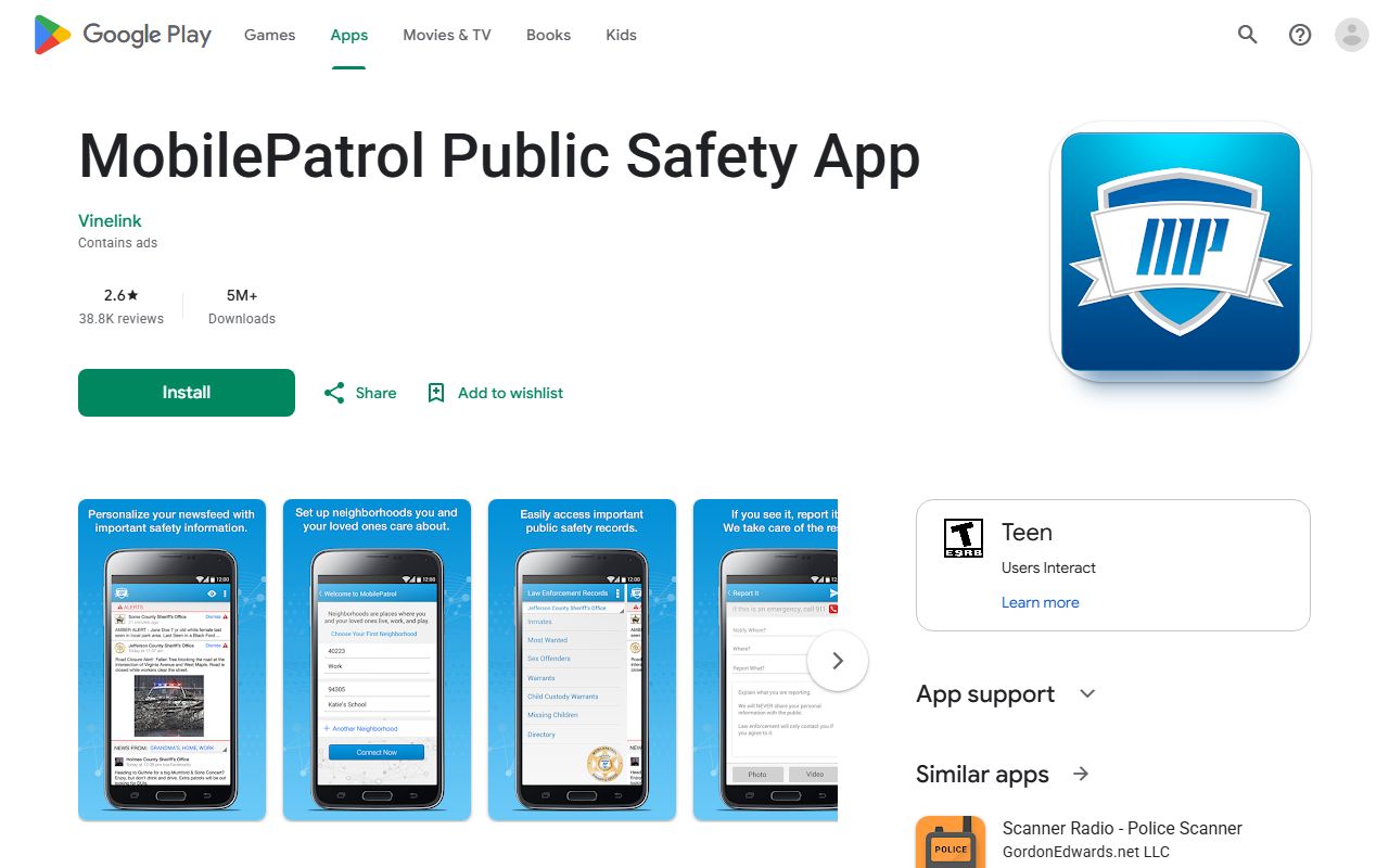 MobilePatrol Google Play listing with jail booking and public-safety features